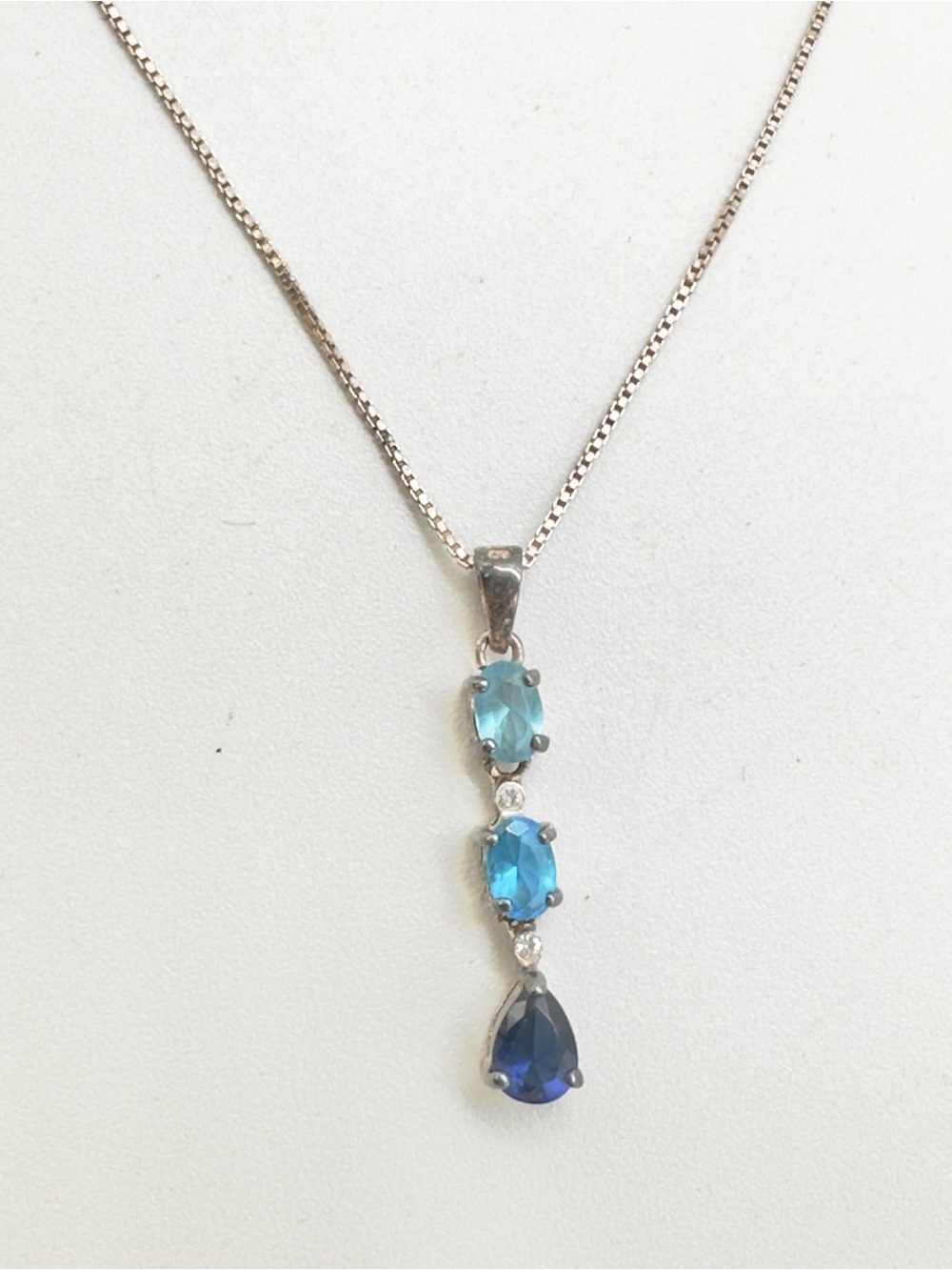 Vintage Renee 925 Silver Blue Topaz Journey Pendant Necklace Italy Chain Signed